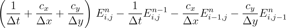 $\displaystyle \left ( \frac{1}{\Delta t} + \frac{c_x}{\Delta x} + \frac{c_y}{\D...
...1}_{i,j} - \frac{c_x}{\Delta x} E^n_{i-1,j} - \frac{c_y}{\Delta y} E^n_{i,j-1}
$