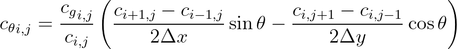 $\displaystyle {c_\theta}_{i,j} = \frac{{c_g}_{i,j}}{c_{i,j}} \left( \frac{c_{i+...
...lta x}\sin \theta - \frac{c_{i,j+1} - c_{i,j-1}}{2\Delta y}\cos \theta \right)
$