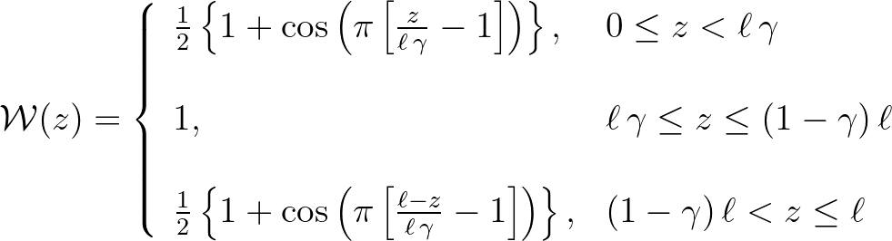 $\displaystyle {\cal W}(z) =
\left\{
\begin{array}{ll}
\frac{1}{2}\left\{ 1 +...
...ight ]\right ) \right\}, & (1-\gamma)\,\ell < z \leq \ell
\end{array} \right.
$