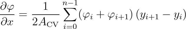 $\displaystyle \frac{\partial \varphi}{\partial x} = \frac{1}{2A_{\rm CV}} \sum_{i=0}^{n-1} (\varphi_i+\varphi_{i+1})\,(y_{i+1}-y_i)
$