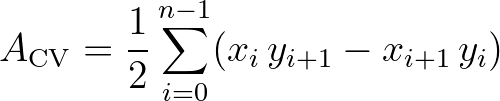 $\displaystyle A_{\rm CV} = \frac{1}{2} \sum_{i=0}^{n-1} (x_i\,y_{i+1} - x_{i+1}\,y_i)
$