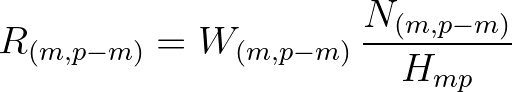 $\displaystyle R_{(m,p-m)} = W_{(m,p-m)}\,\frac{N_{(m,p-m)}}{H_{mp}}
$