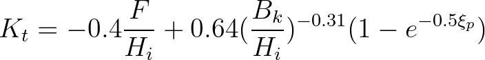 $\displaystyle K_t = -0.4 \frac{F}{H_i} + 0.64 (\frac{B_k}{H_i})^{-0.31} (1 - e^{-0.5{\xi}_p})
$