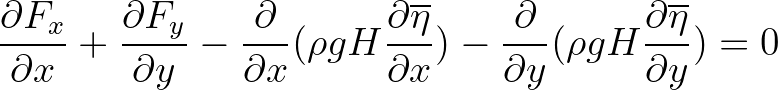 $\displaystyle \frac{\partial F_x}{\partial x} + \frac{\partial F_y}{\partial y}...
...artial}{\partial y} (\rho g H \frac{\partial \overline{\eta}}{\partial y}) = 0
$